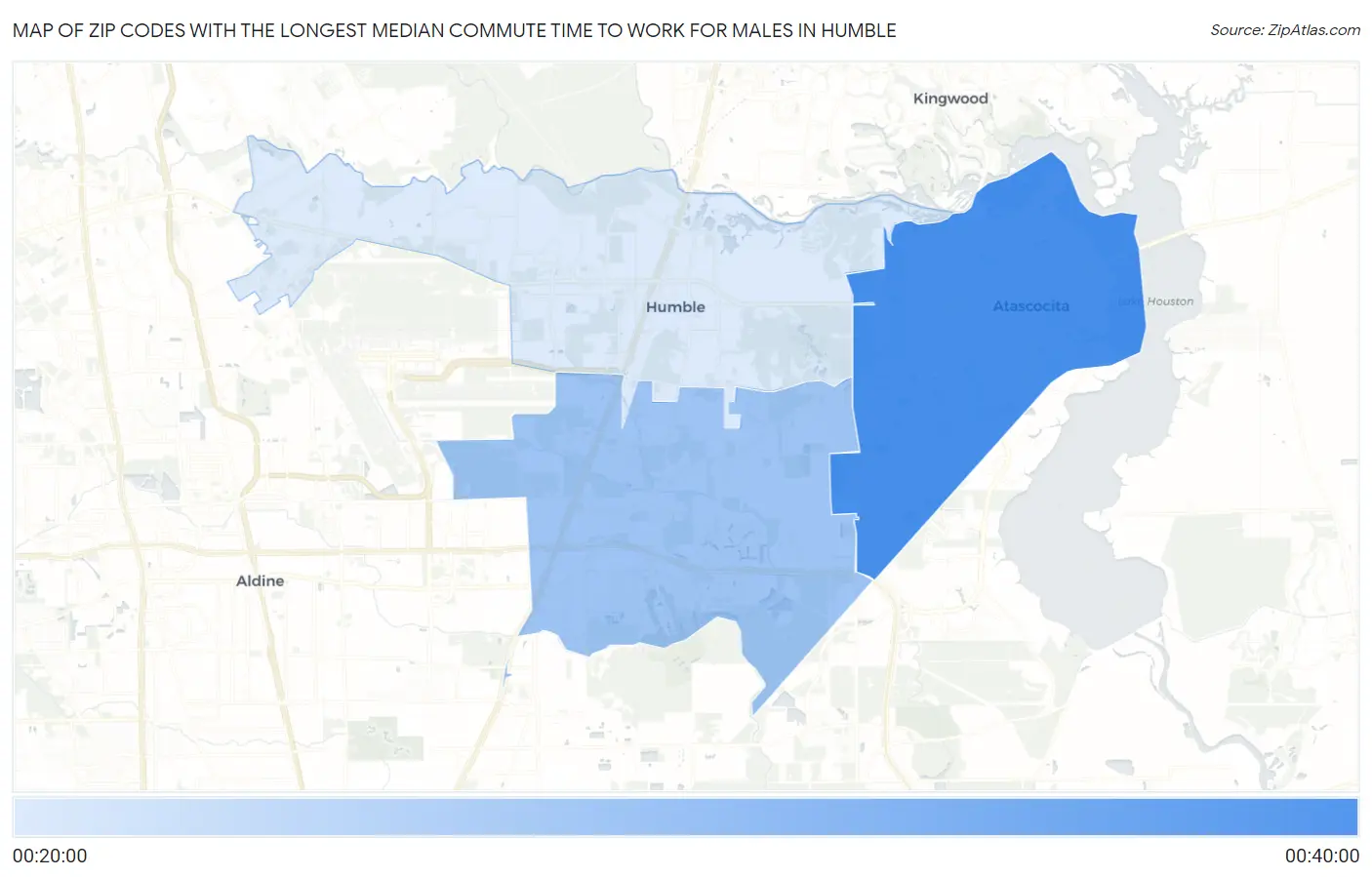 Zip Codes with the Longest Median Commute Time to Work for Males in Humble Map
