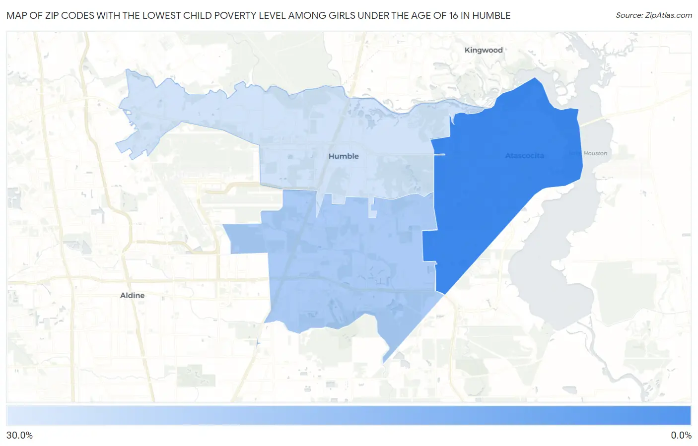 Zip Codes with the Lowest Child Poverty Level Among Girls Under the Age of 16 in Humble Map