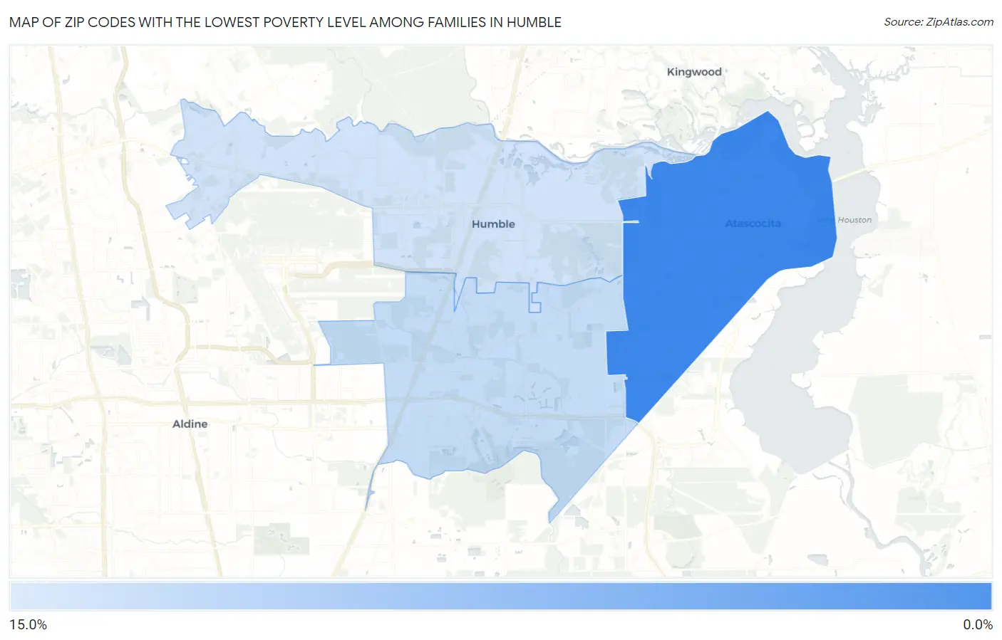 Zip Codes with the Lowest Poverty Level Among Families in Humble Map