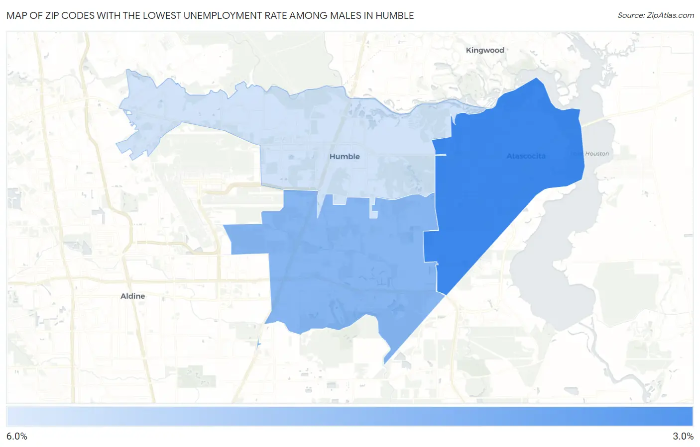 Zip Codes with the Lowest Unemployment Rate Among Males in Humble Map