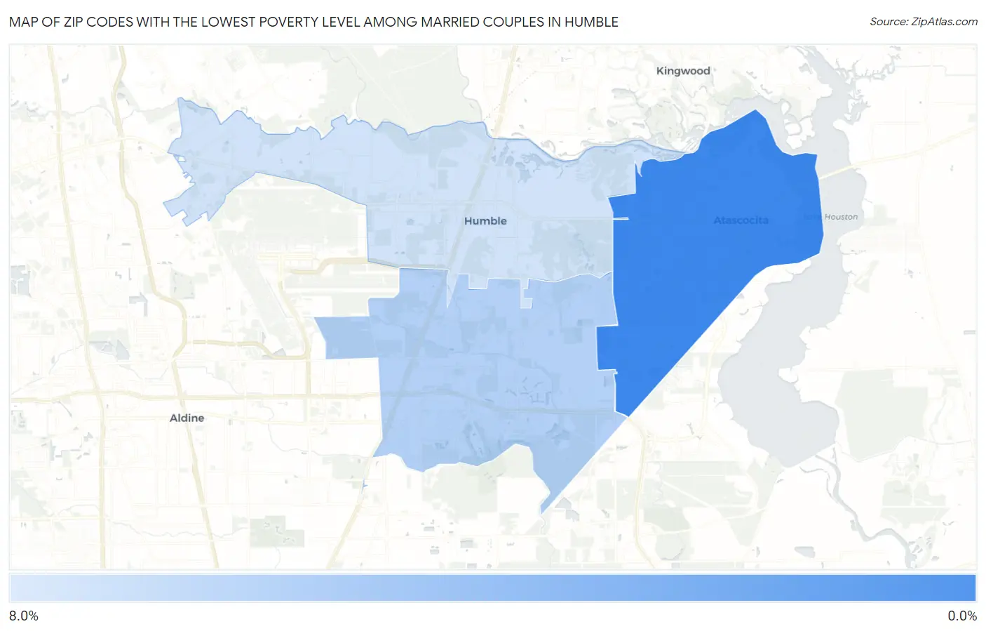 Zip Codes with the Lowest Poverty Level Among Married Couples in Humble Map