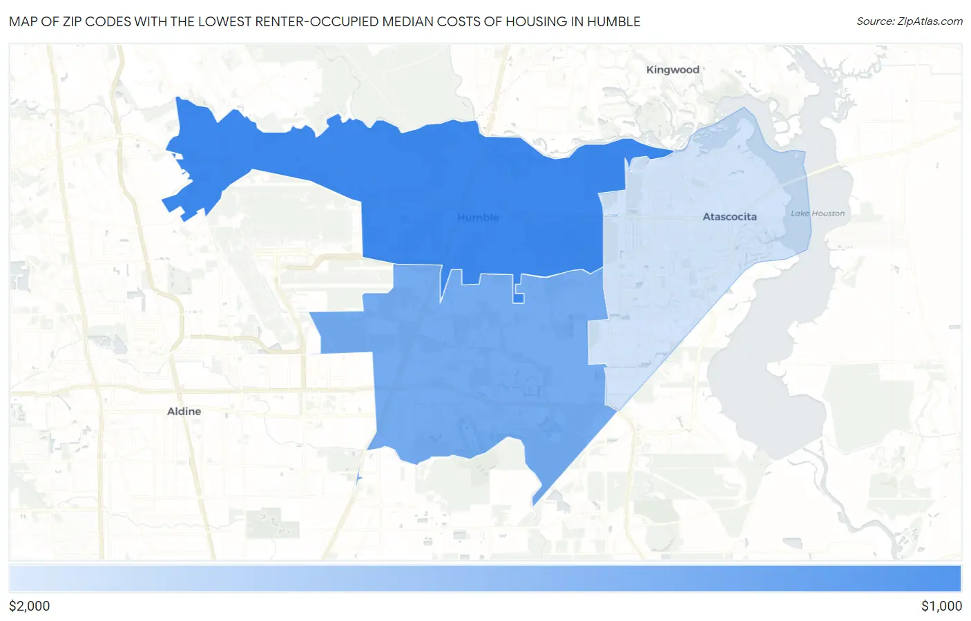 Zip Codes with the Lowest Renter-Occupied Median Costs of Housing in Humble Map
