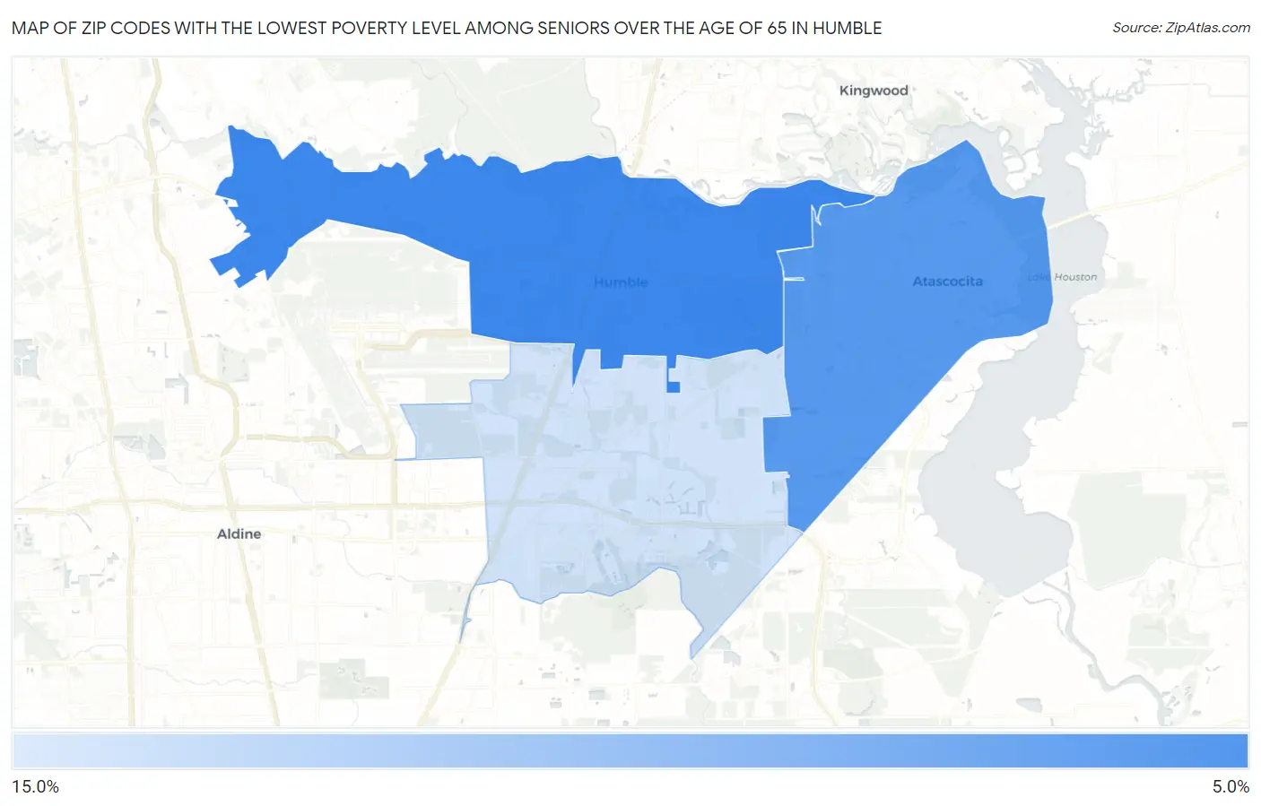 Zip Codes with the Lowest Poverty Level Among Seniors Over the Age of 65 in Humble Map