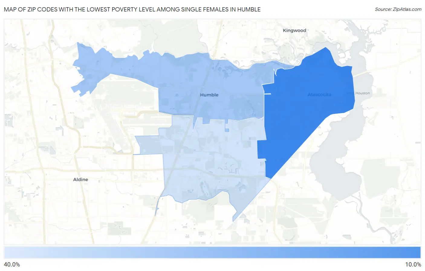 Zip Codes with the Lowest Poverty Level Among Single Females in Humble Map