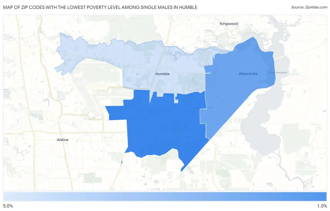 Zip Codes with the Lowest Poverty Level Among Single Males in Humble Map