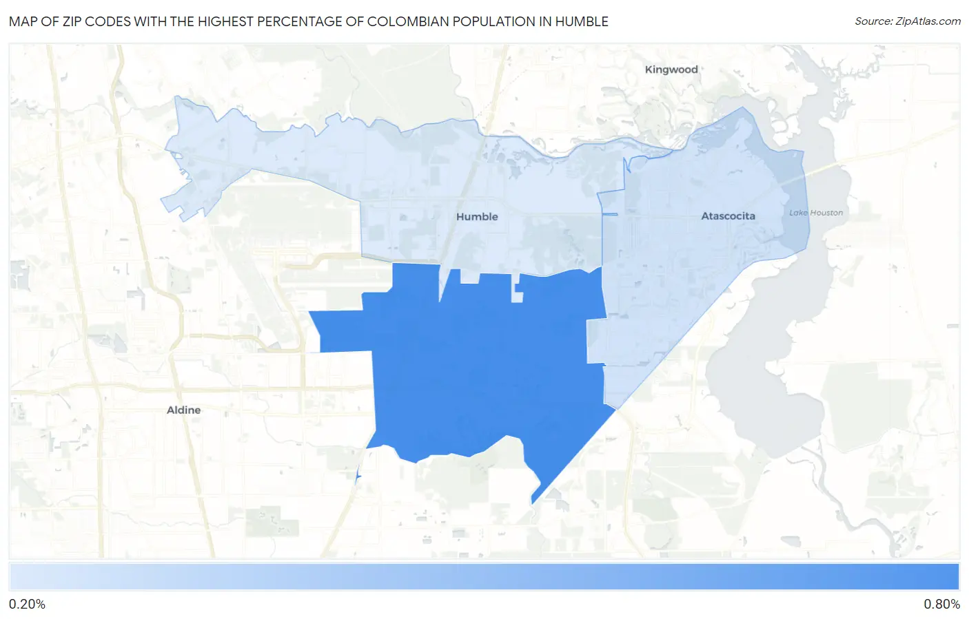 Zip Codes with the Highest Percentage of Colombian Population in Humble Map