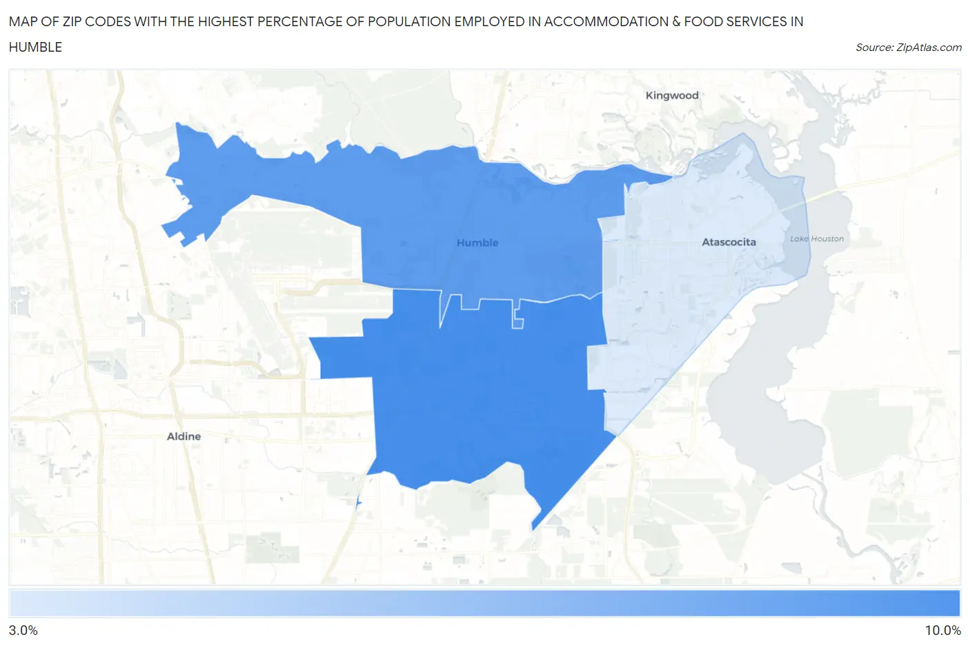 Zip Codes with the Highest Percentage of Population Employed in Accommodation & Food Services in Humble Map