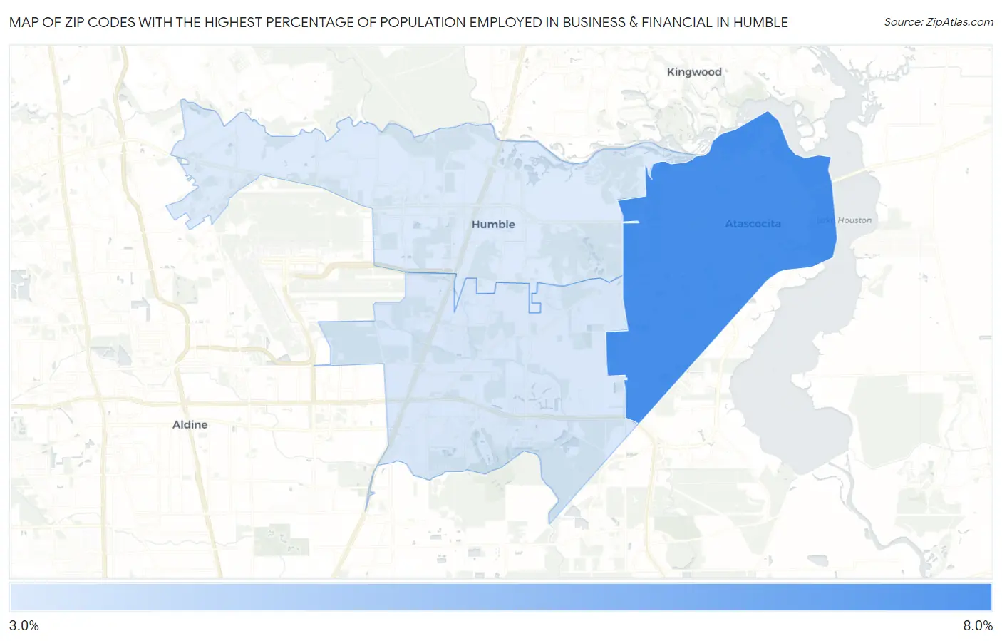 Zip Codes with the Highest Percentage of Population Employed in Business & Financial in Humble Map