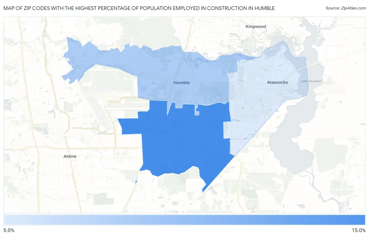 Zip Codes with the Highest Percentage of Population Employed in Construction in Humble Map