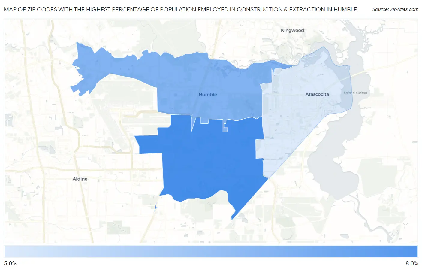 Zip Codes with the Highest Percentage of Population Employed in Construction & Extraction in Humble Map