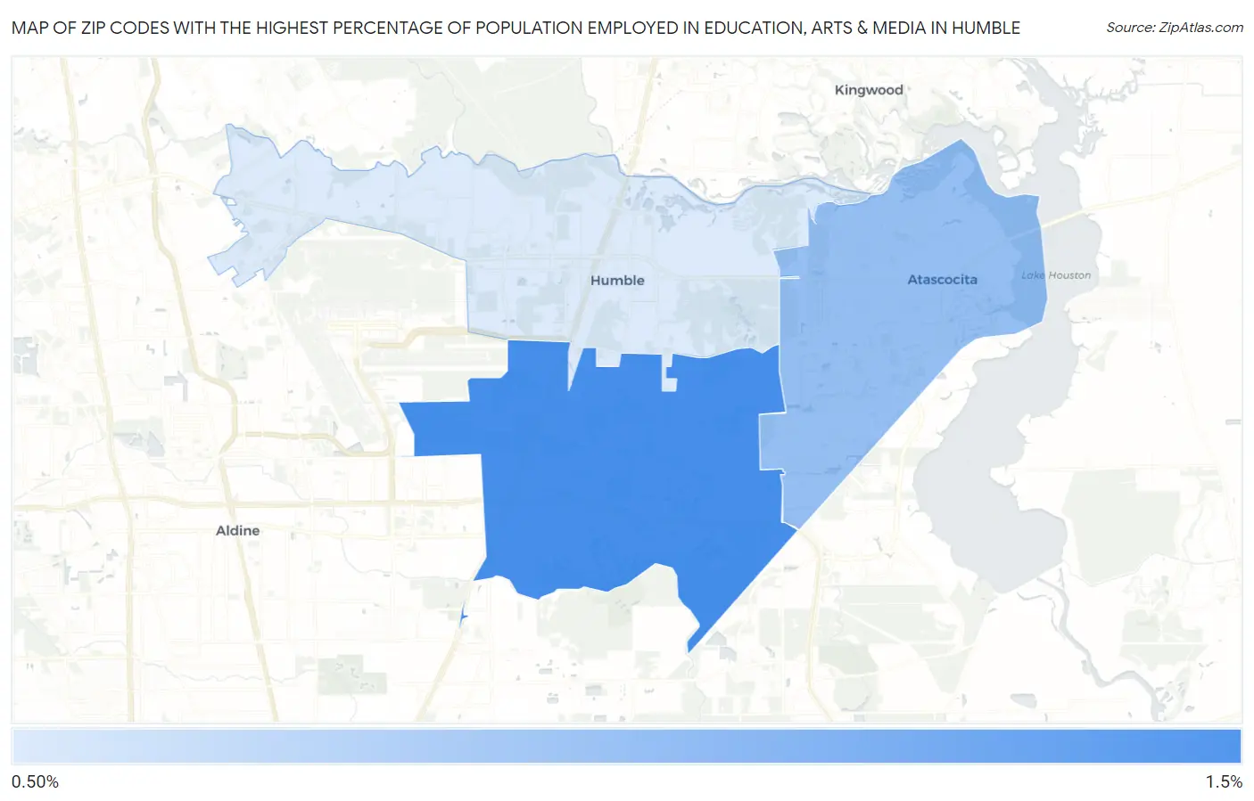 Zip Codes with the Highest Percentage of Population Employed in Education, Arts & Media in Humble Map
