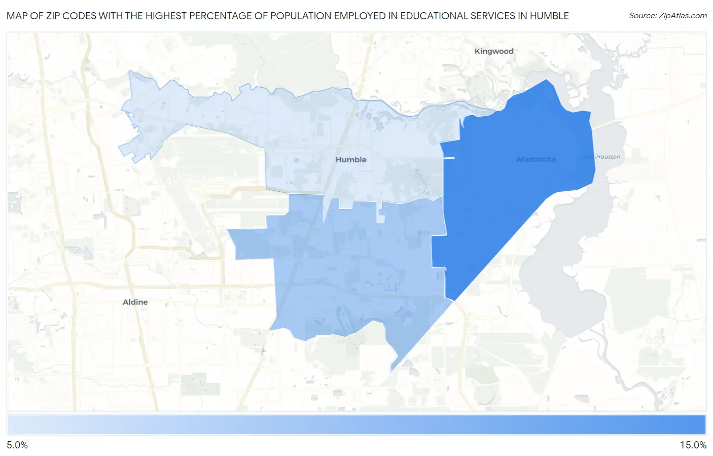 Zip Codes with the Highest Percentage of Population Employed in Educational Services in Humble Map