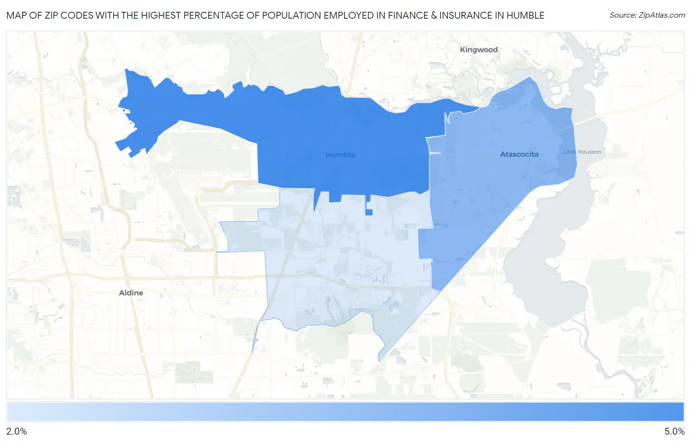 Zip Codes with the Highest Percentage of Population Employed in Finance & Insurance in Humble Map