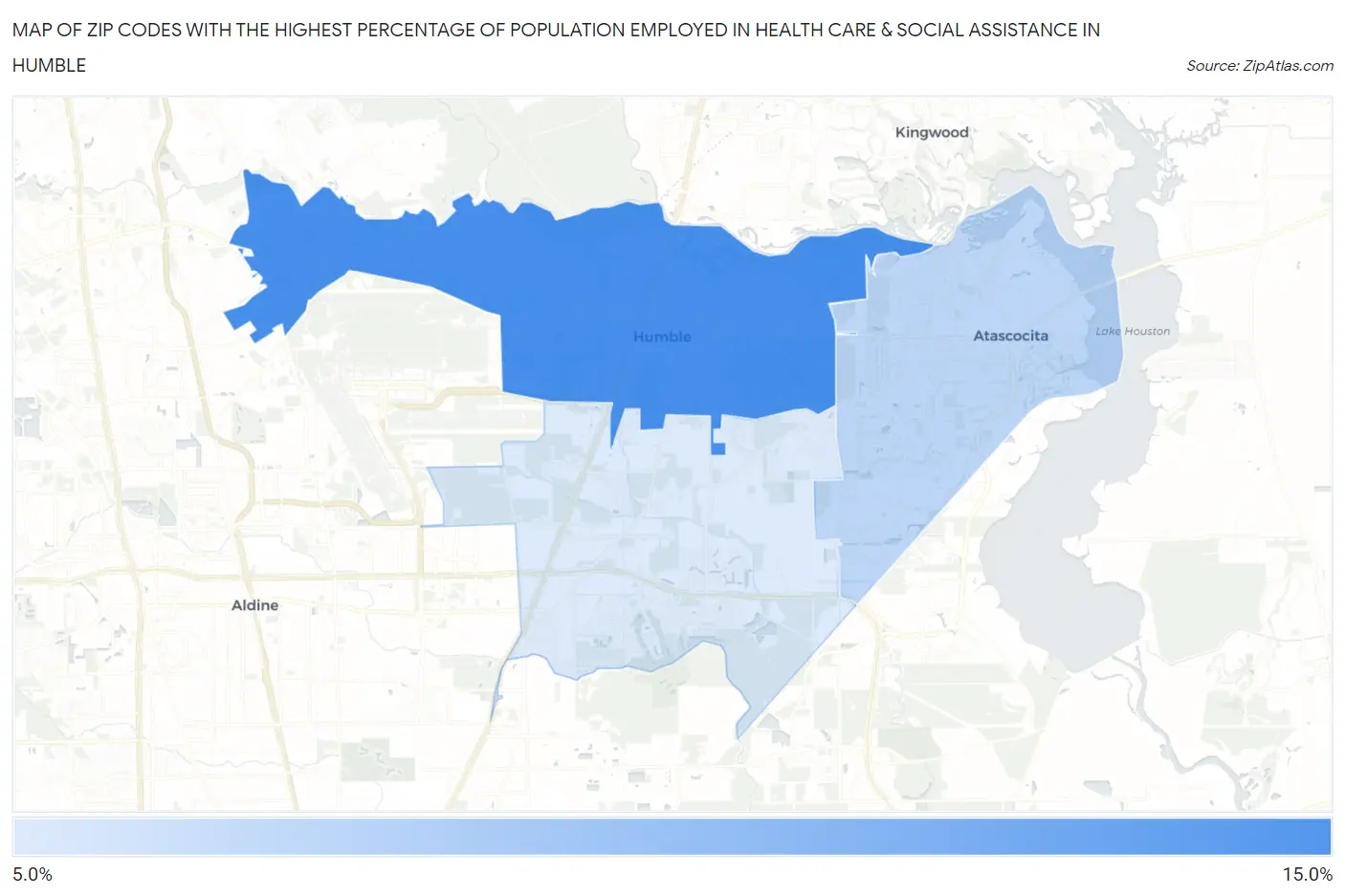 Zip Codes with the Highest Percentage of Population Employed in Health Care & Social Assistance in Humble Map