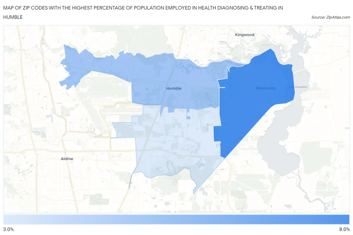 Zip Codes with the Highest Percentage of Population Employed in Health Diagnosing & Treating in Humble Map