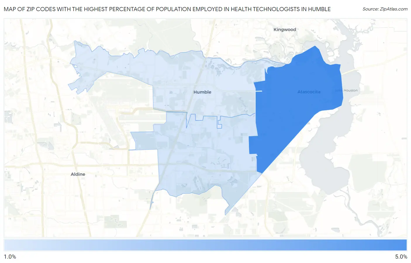 Zip Codes with the Highest Percentage of Population Employed in Health Technologists in Humble Map