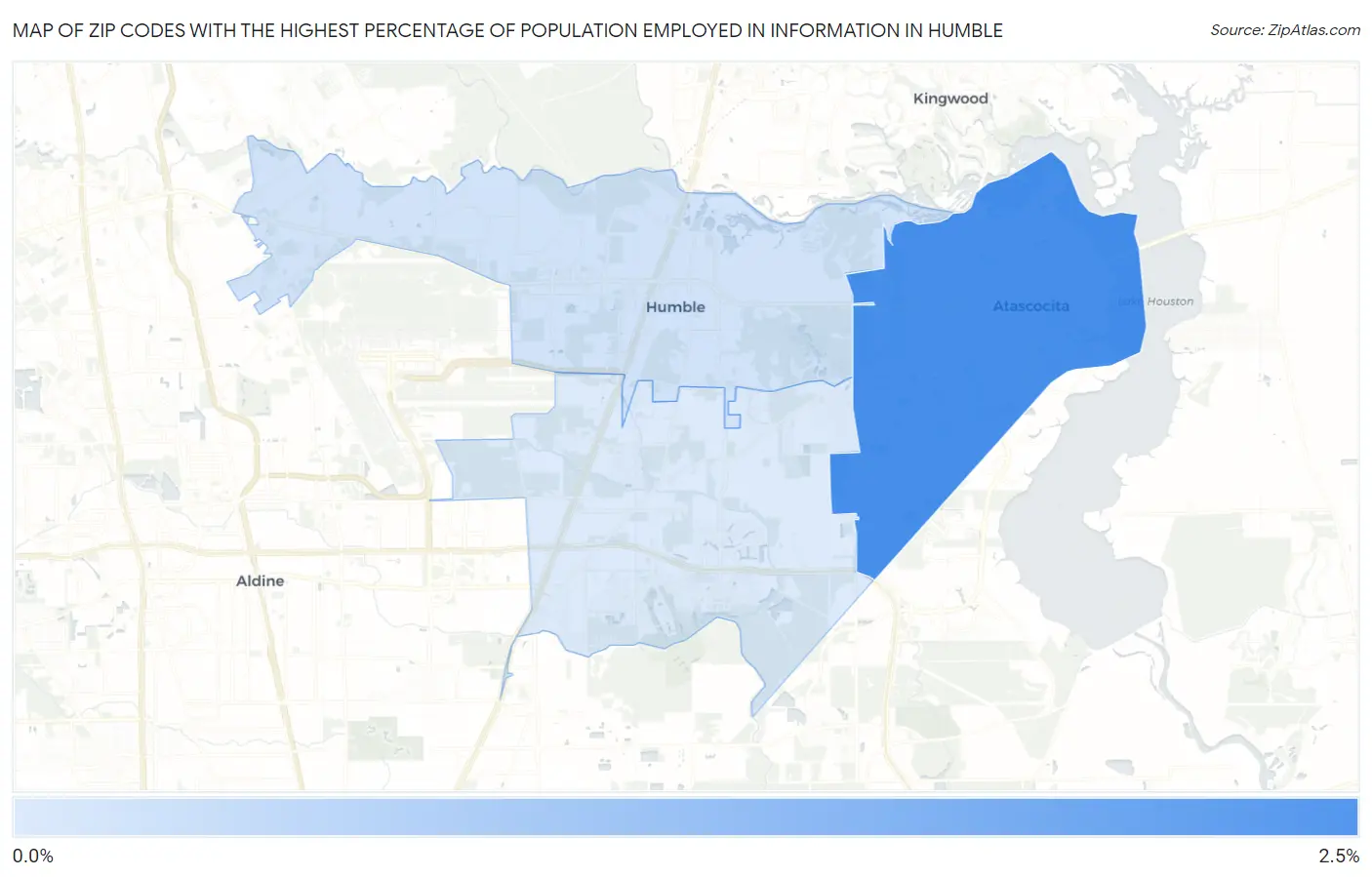 Zip Codes with the Highest Percentage of Population Employed in Information in Humble Map