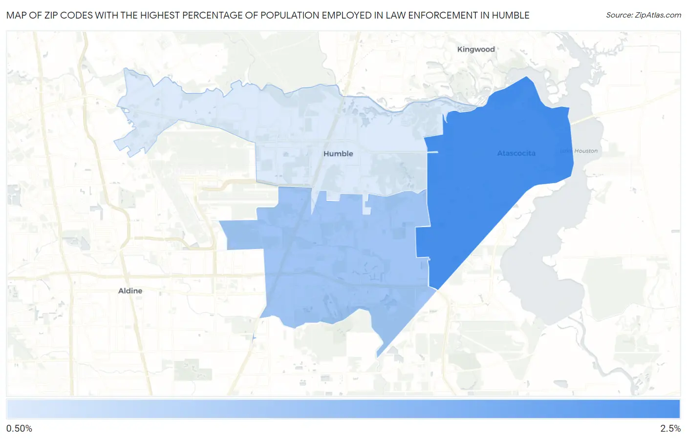 Zip Codes with the Highest Percentage of Population Employed in Law Enforcement in Humble Map