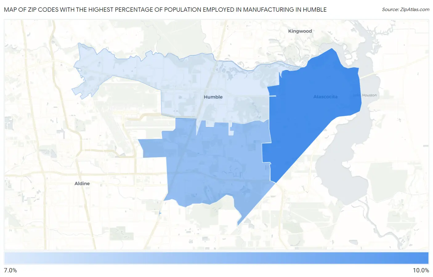 Zip Codes with the Highest Percentage of Population Employed in Manufacturing in Humble Map