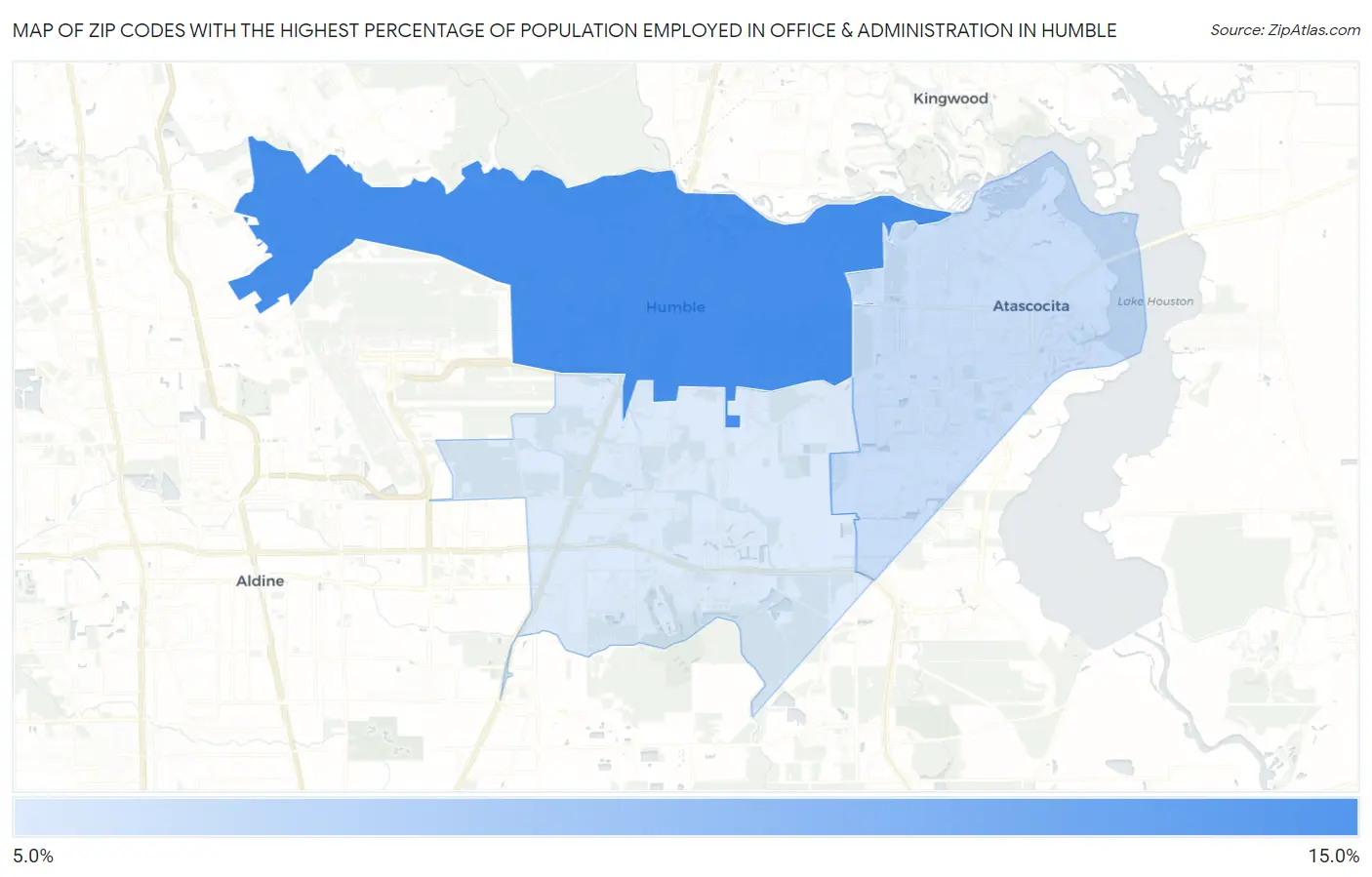 Zip Codes with the Highest Percentage of Population Employed in Office & Administration in Humble Map