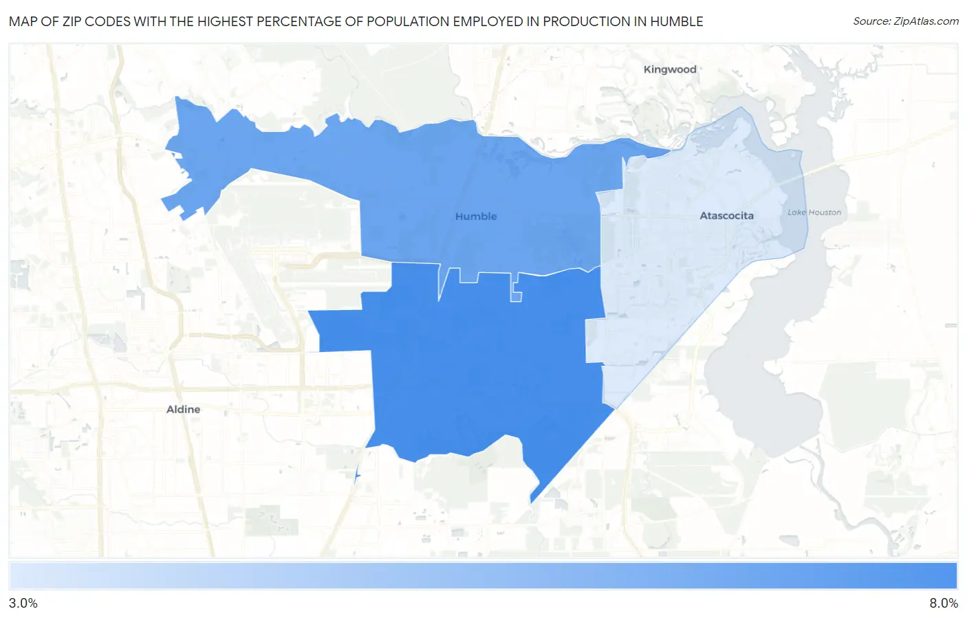 Zip Codes with the Highest Percentage of Population Employed in Production in Humble Map