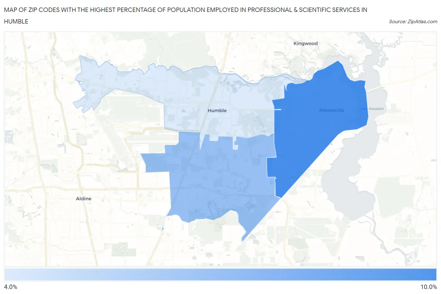 Zip Codes with the Highest Percentage of Population Employed in Professional & Scientific Services in Humble Map