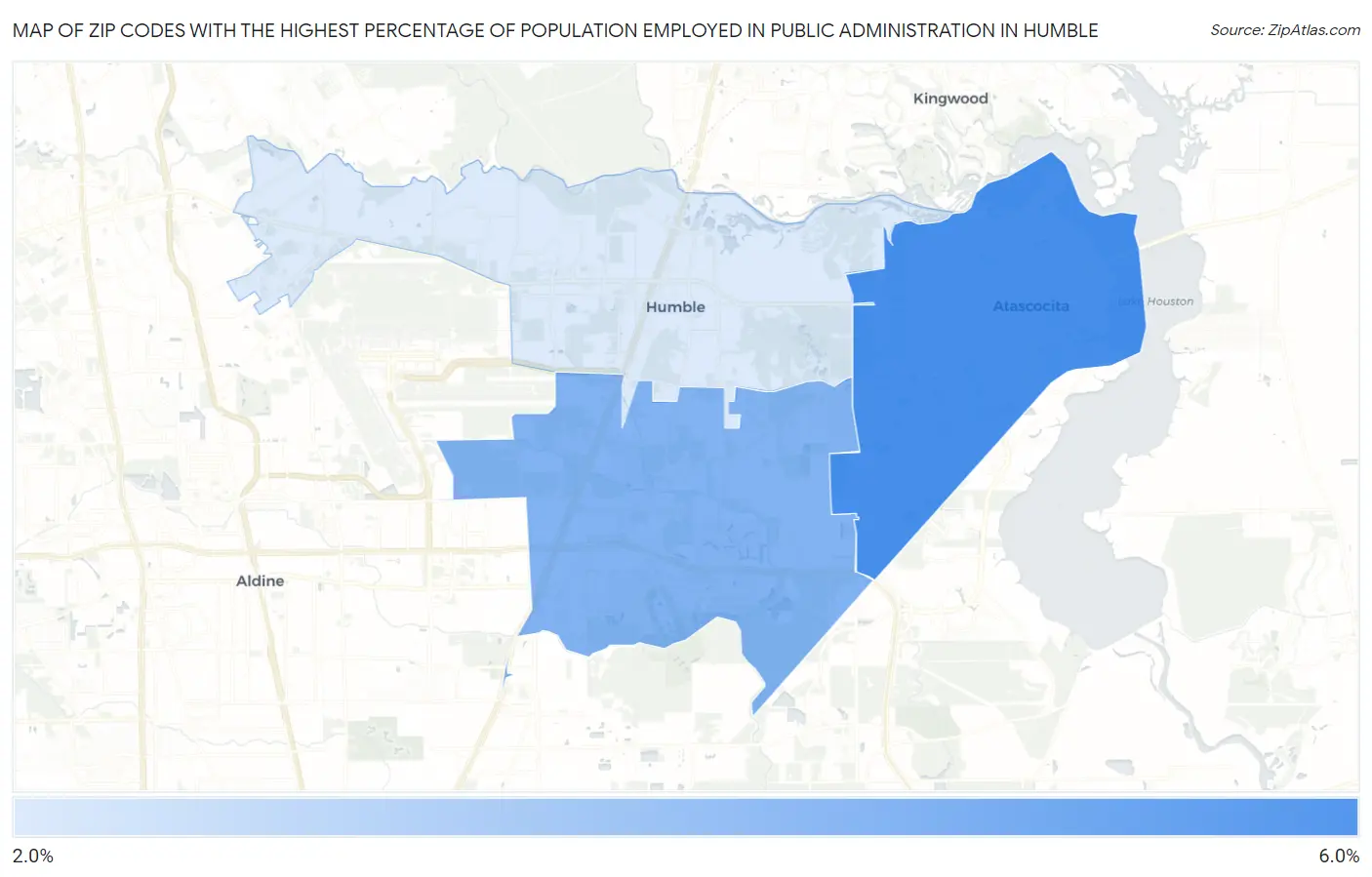 Zip Codes with the Highest Percentage of Population Employed in Public Administration in Humble Map