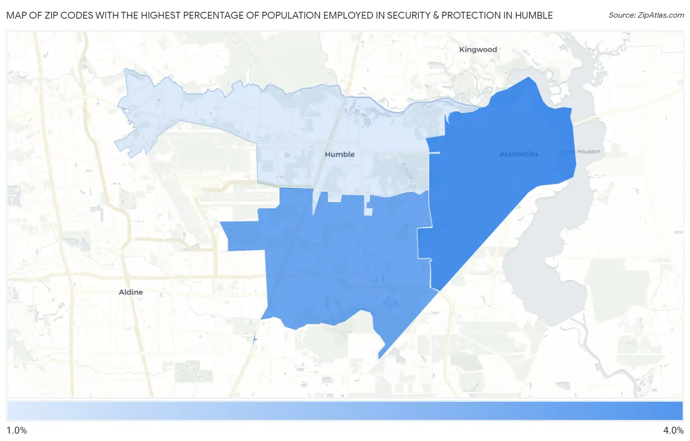 Zip Codes with the Highest Percentage of Population Employed in Security & Protection in Humble Map