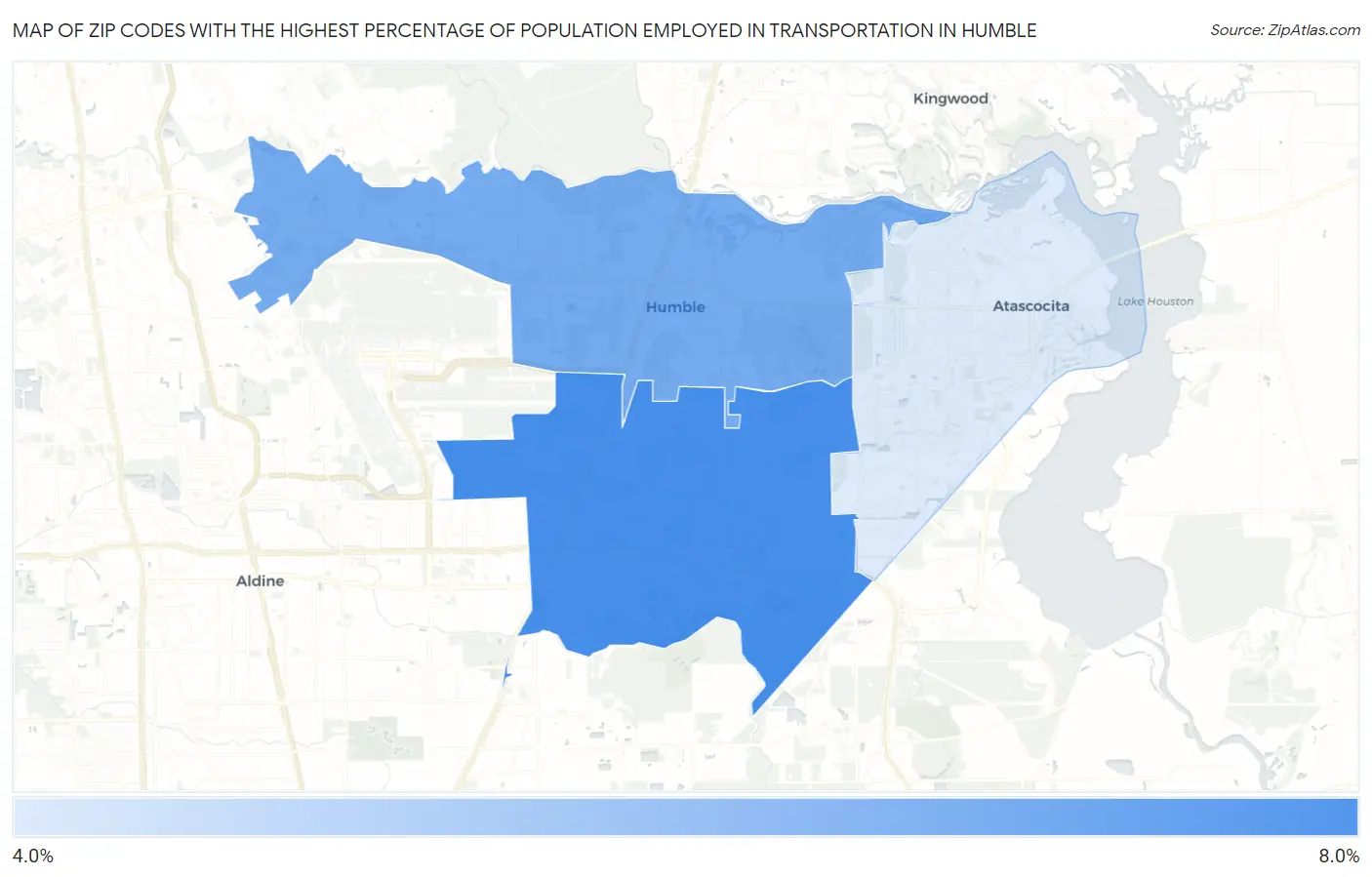 Zip Codes with the Highest Percentage of Population Employed in Transportation in Humble Map