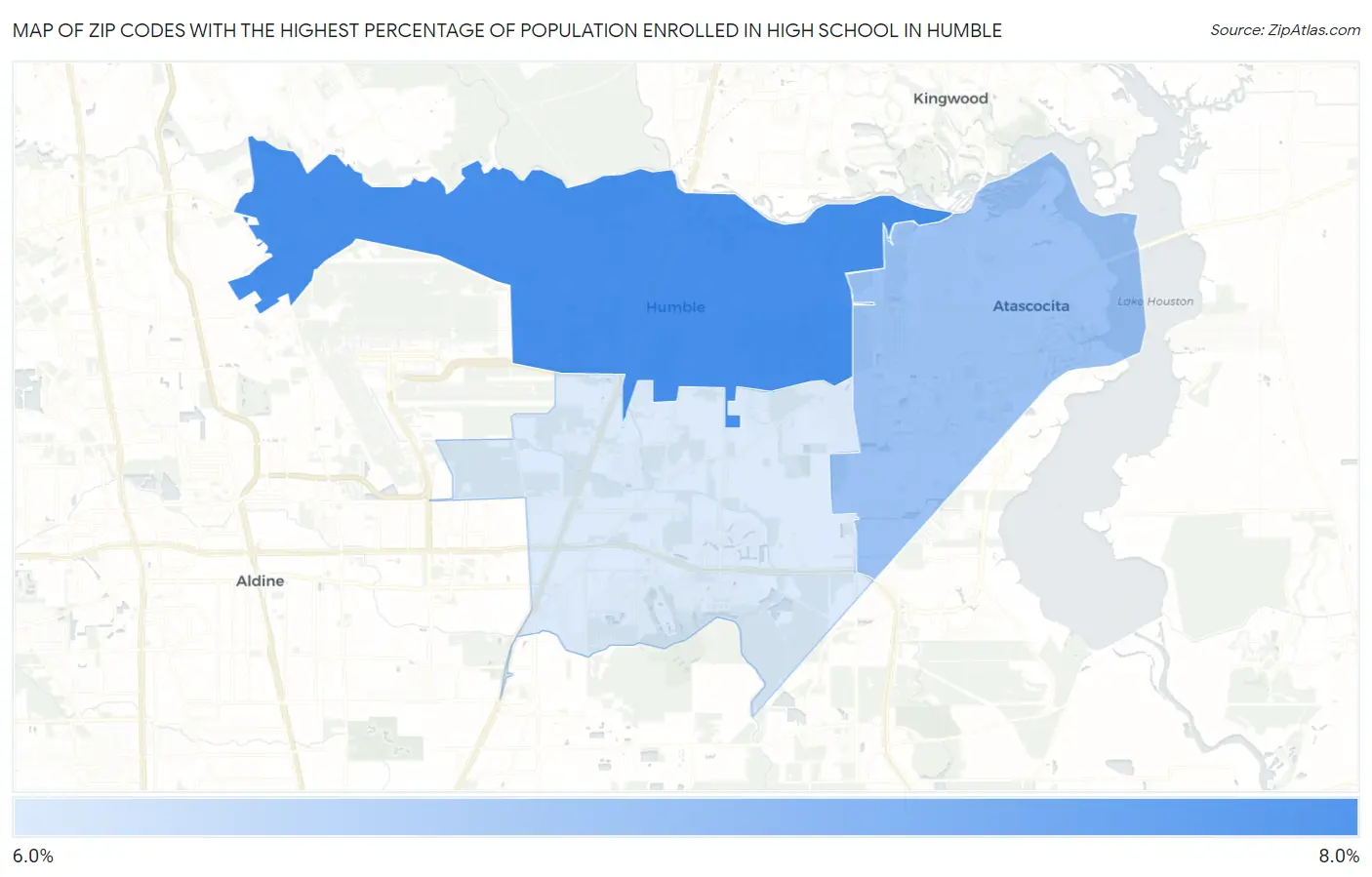 Zip Codes with the Highest Percentage of Population Enrolled in High School in Humble Map