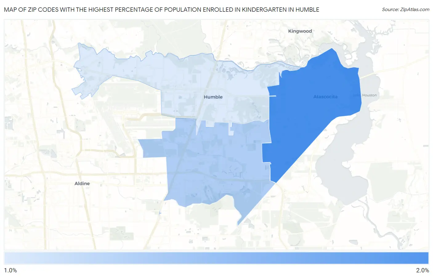 Zip Codes with the Highest Percentage of Population Enrolled in Kindergarten in Humble Map