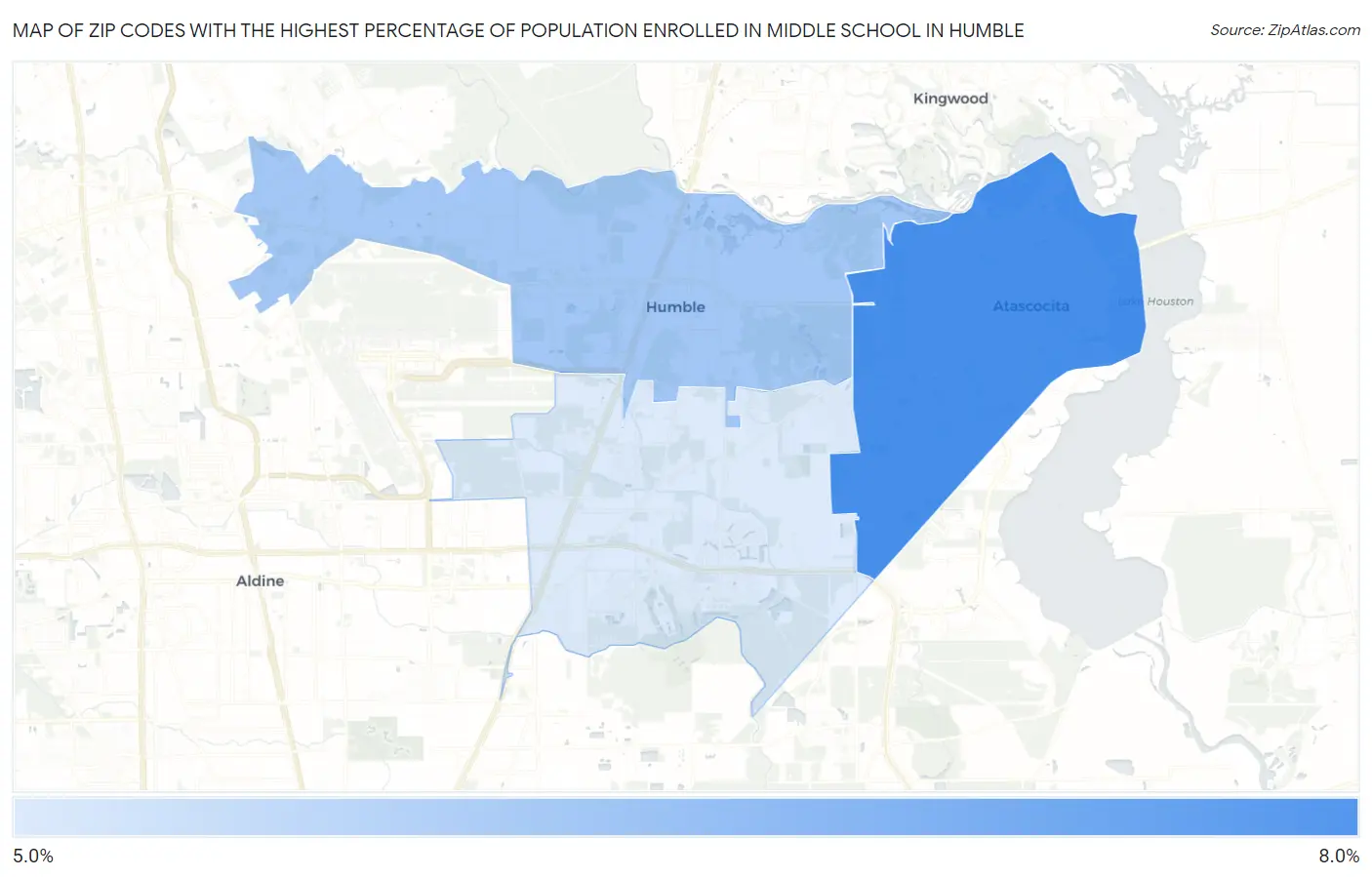 Zip Codes with the Highest Percentage of Population Enrolled in Middle School in Humble Map