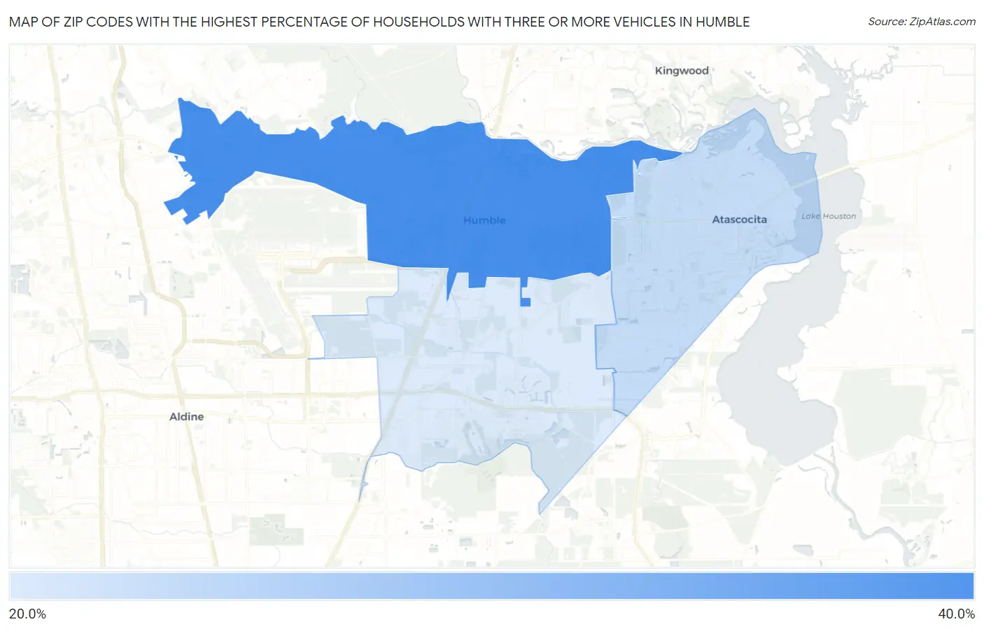 Zip Codes with the Highest Percentage of Households With Three or more Vehicles in Humble Map