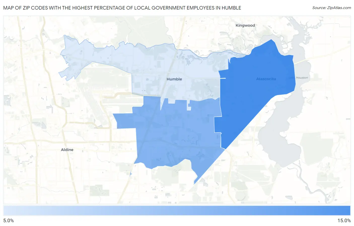 Zip Codes with the Highest Percentage of Local Government Employees in Humble Map