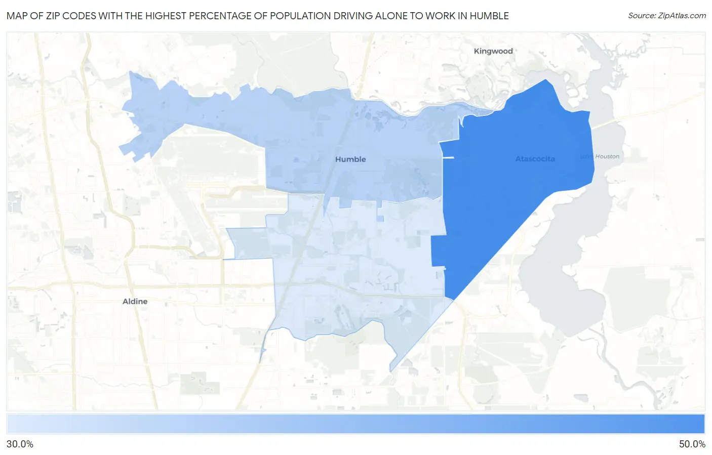 Zip Codes with the Highest Percentage of Population Driving Alone to Work in Humble Map