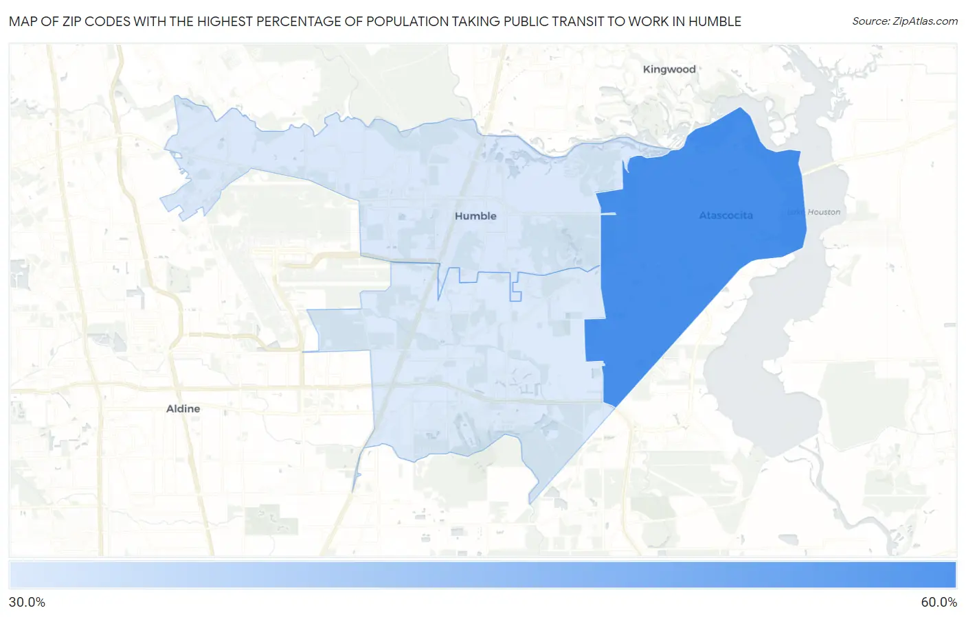 Zip Codes with the Highest Percentage of Population Taking Public Transit to Work in Humble Map