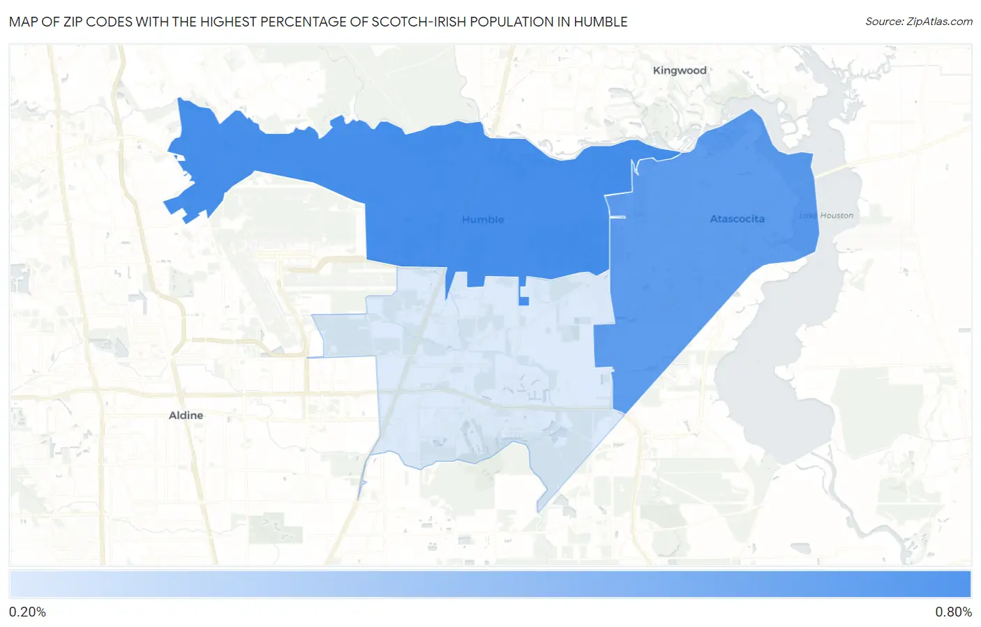 Zip Codes with the Highest Percentage of Scotch-Irish Population in Humble Map