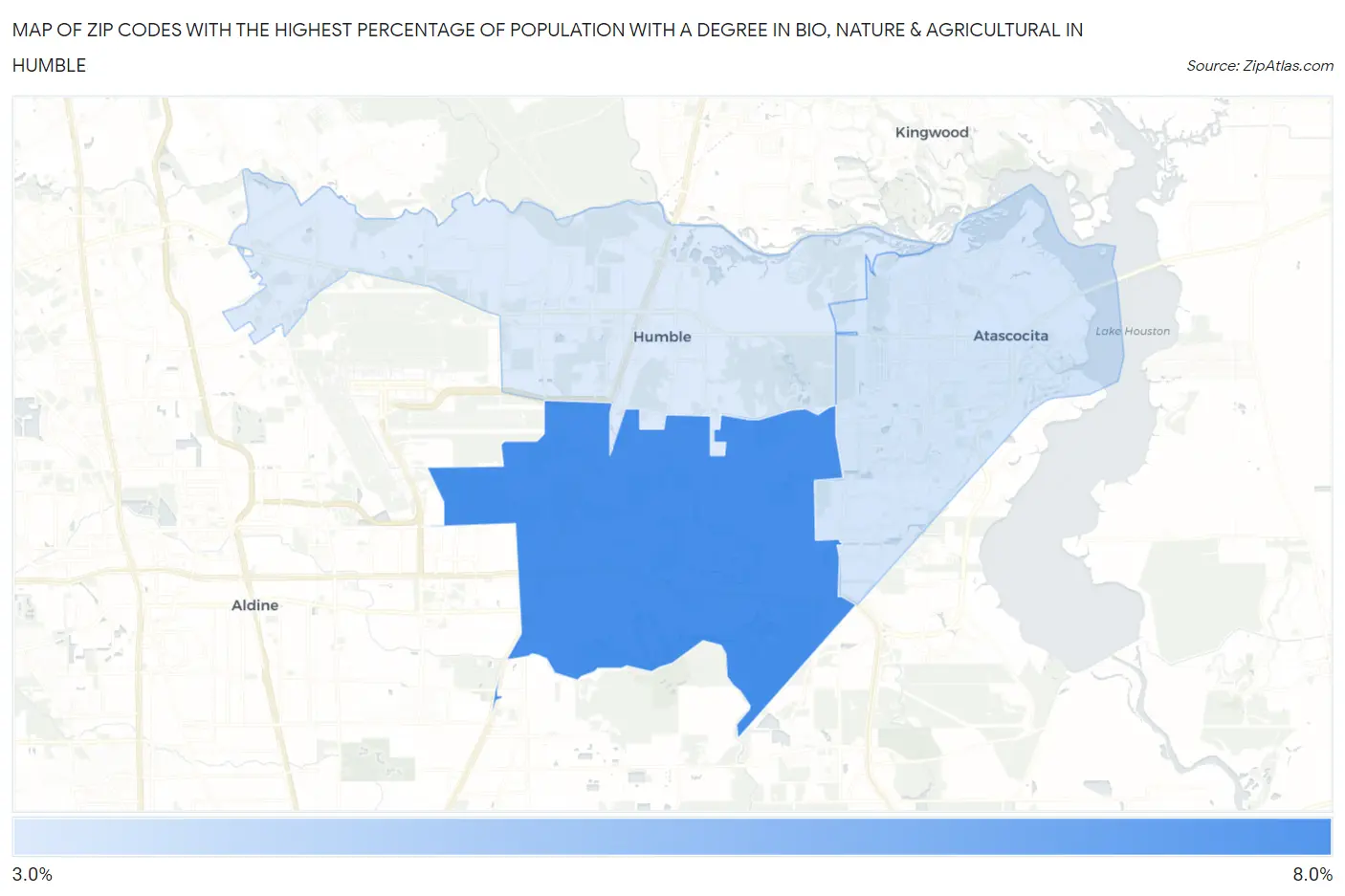 Zip Codes with the Highest Percentage of Population with a Degree in Bio, Nature & Agricultural in Humble Map