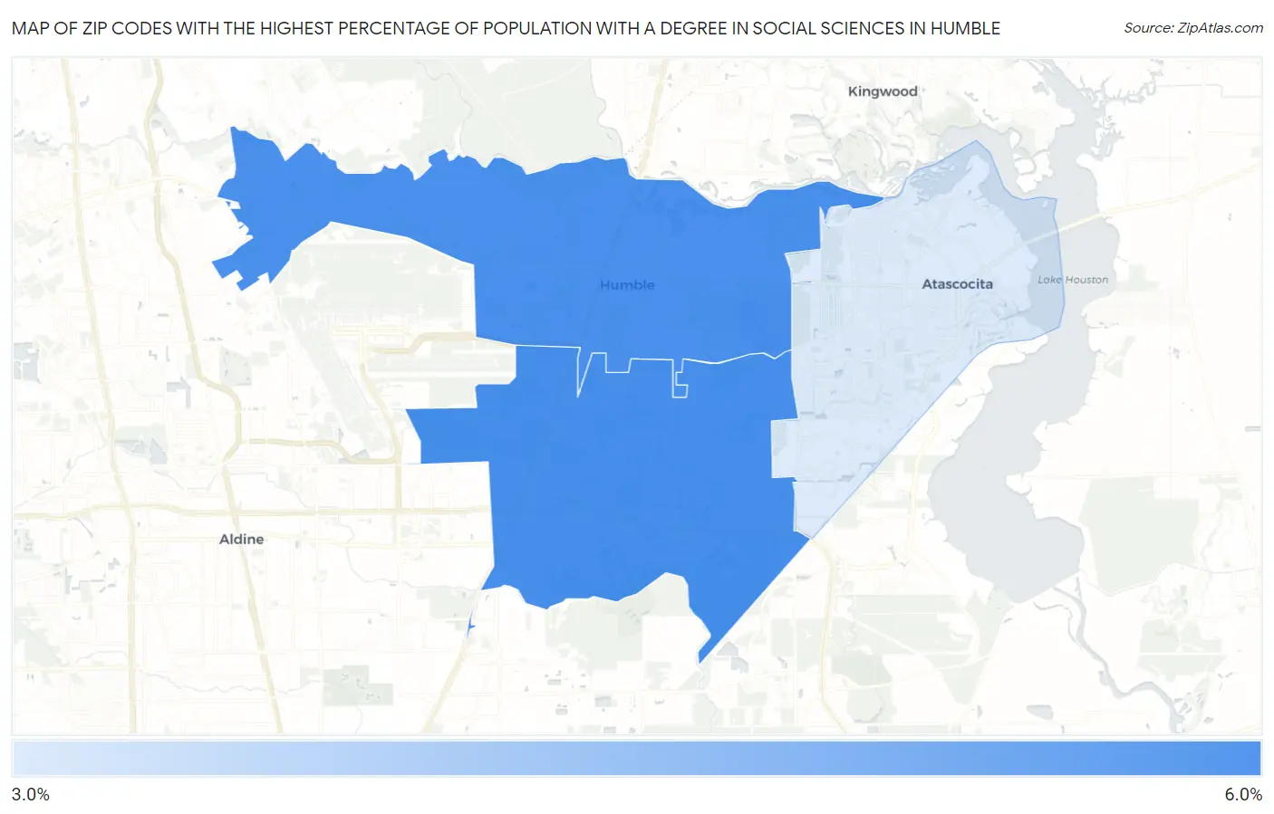 Zip Codes with the Highest Percentage of Population with a Degree in Social Sciences in Humble Map