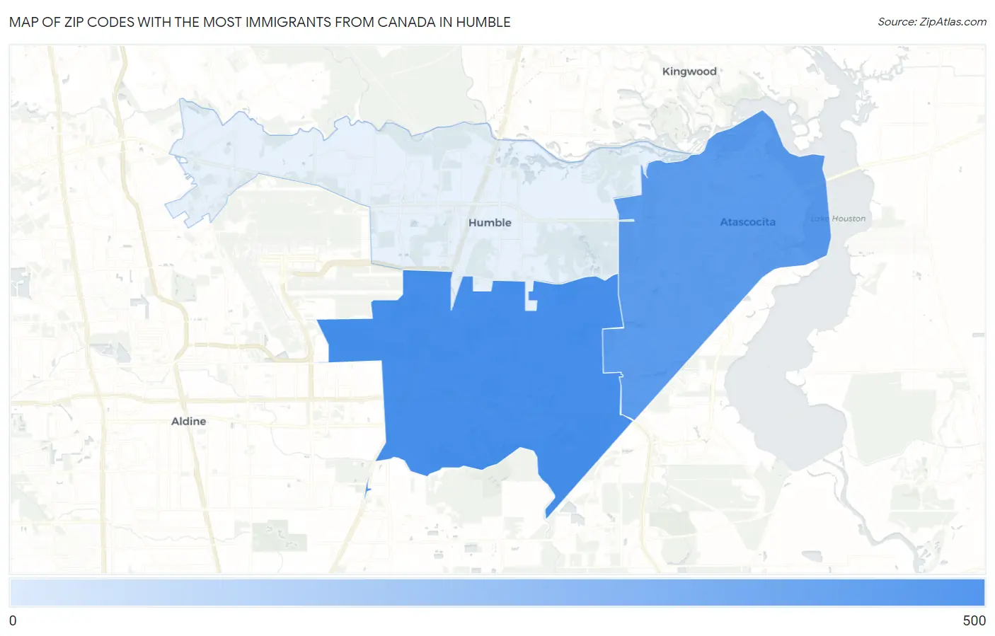 Zip Codes with the Most Immigrants from Canada in Humble Map