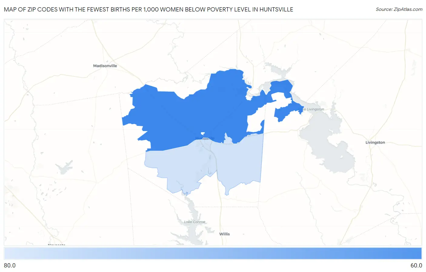 Zip Codes with the Fewest Births per 1,000 Women Below Poverty Level in Huntsville Map