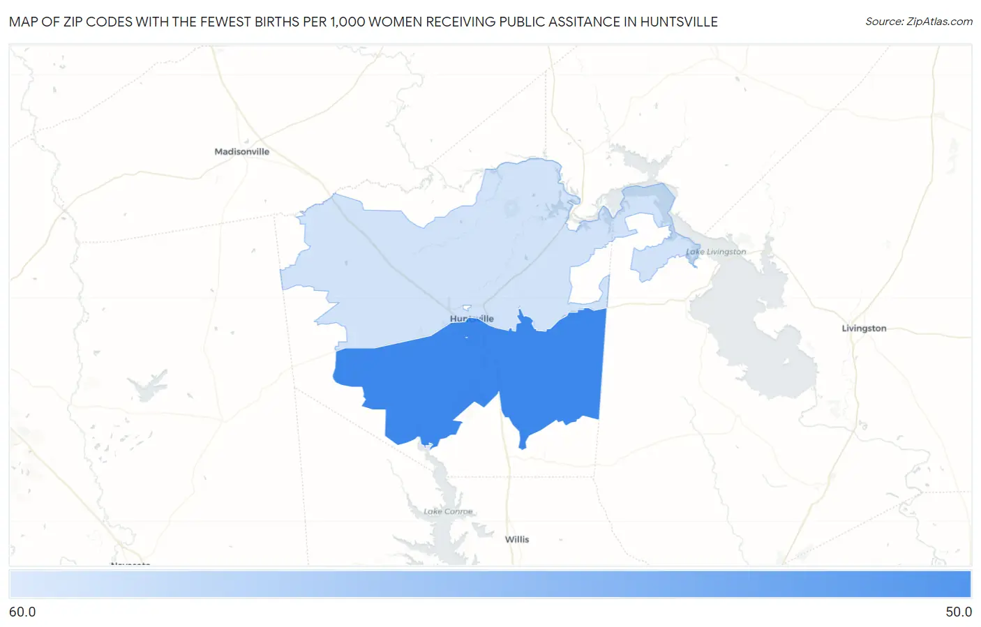 Zip Codes with the Fewest Births per 1,000 Women Receiving Public Assitance in Huntsville Map