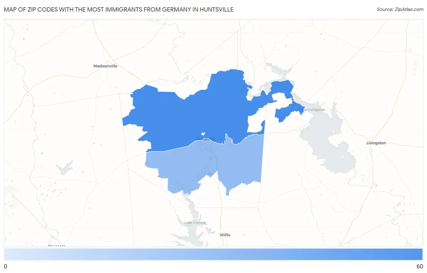 Zip Codes with the Most Immigrants from Germany in Huntsville Map