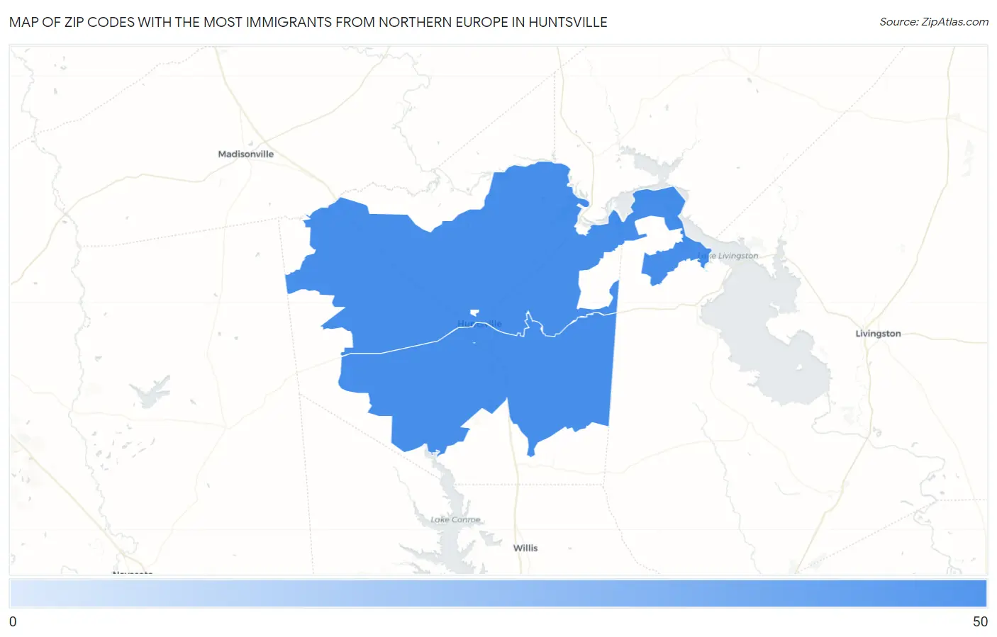 Zip Codes with the Most Immigrants from Northern Europe in Huntsville Map
