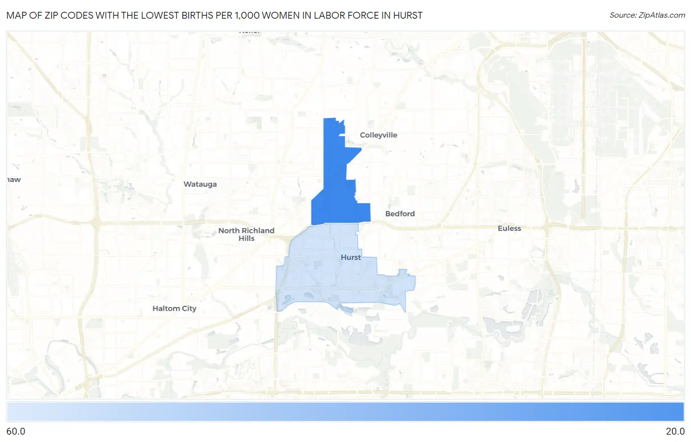 Zip Codes with the Lowest Births per 1,000 Women in Labor Force in Hurst Map