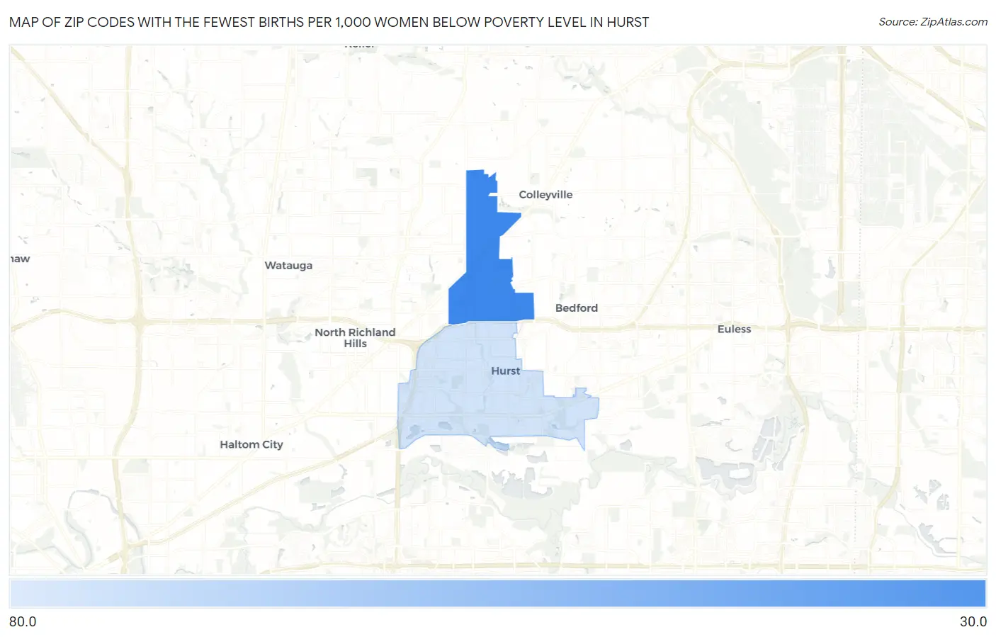 Zip Codes with the Fewest Births per 1,000 Women Below Poverty Level in Hurst Map