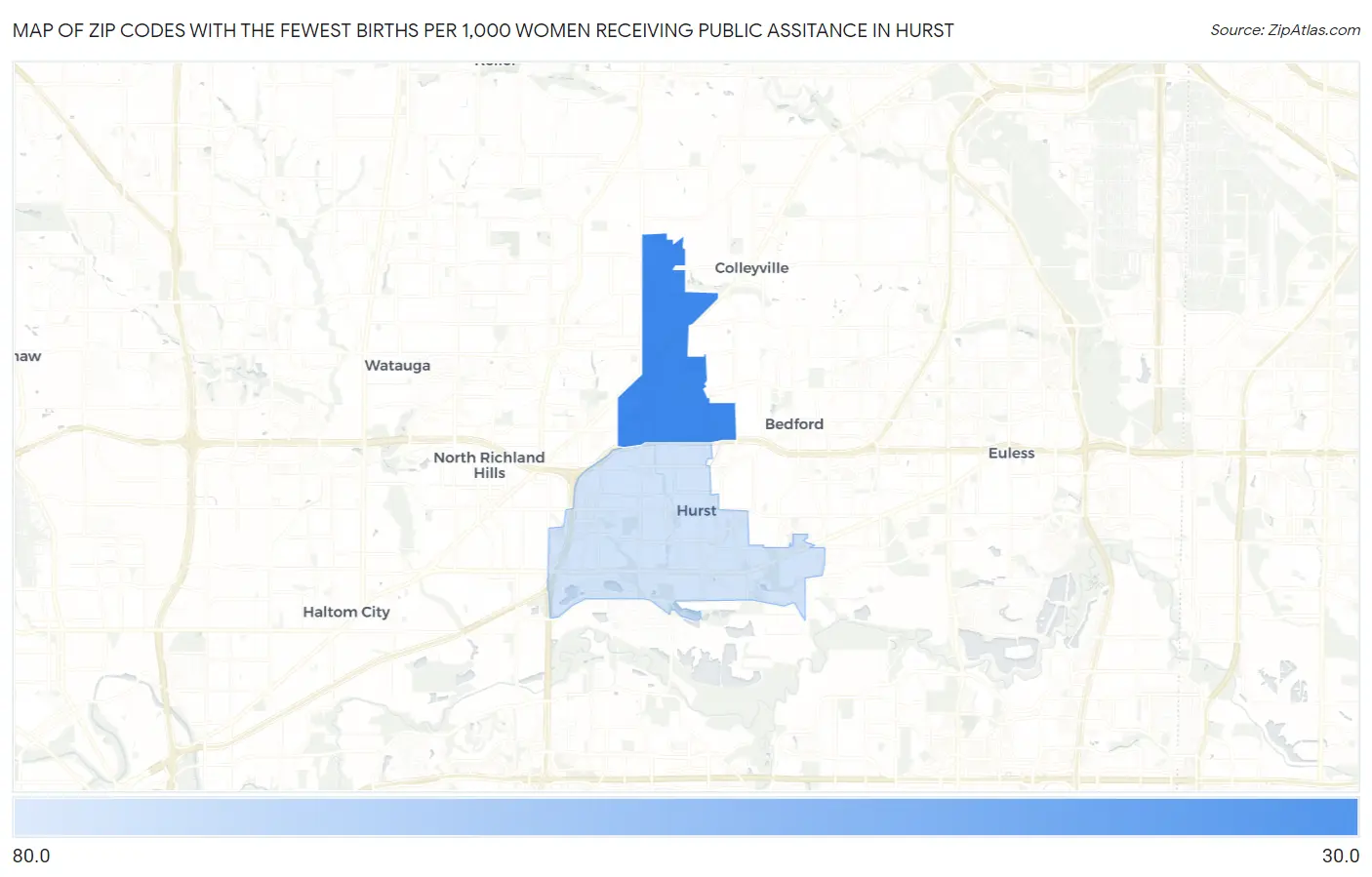 Zip Codes with the Fewest Births per 1,000 Women Receiving Public Assitance in Hurst Map
