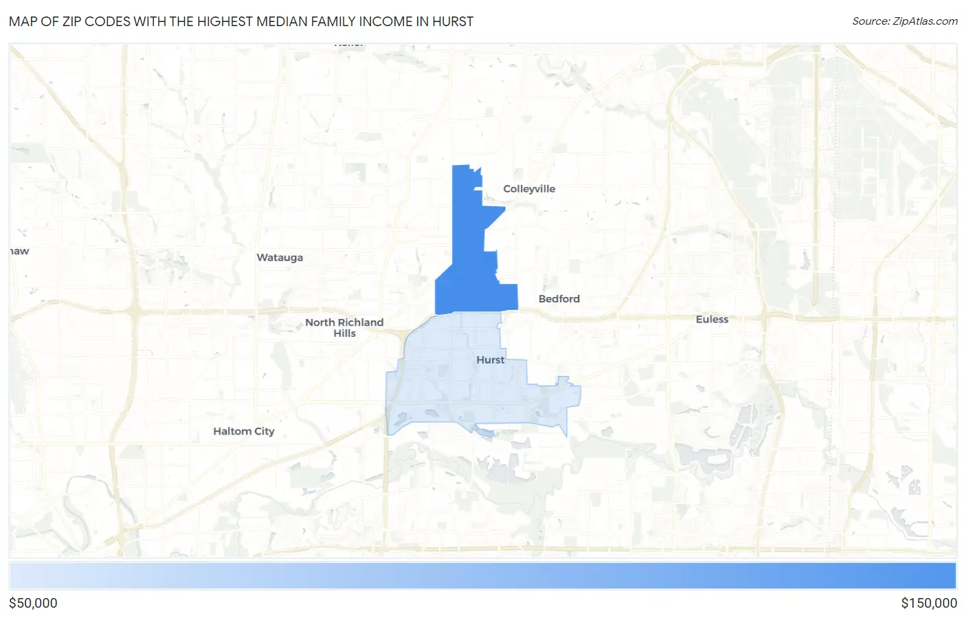 Zip Codes with the Highest Median Family Income in Hurst Map