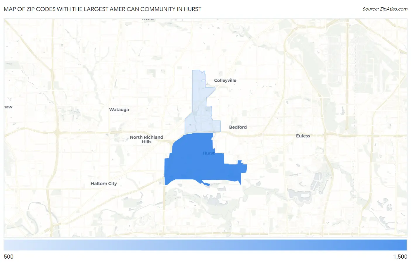 Zip Codes with the Largest American Community in Hurst Map