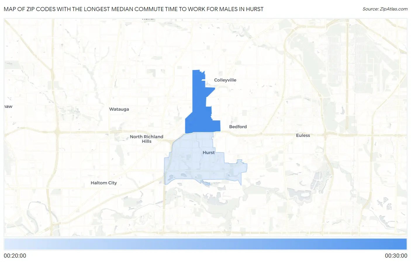 Zip Codes with the Longest Median Commute Time to Work for Males in Hurst Map